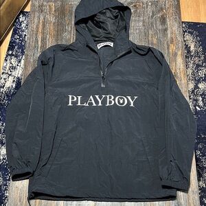 PLAYBOY Black Hooded Pullover Windbreaker Jacket